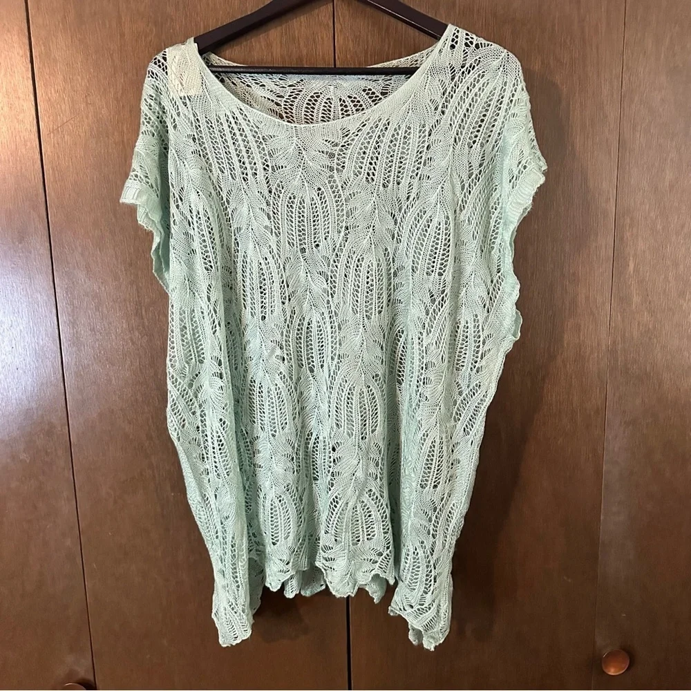 Paige Danielle Mint Green Crochet Lace Women’s Short Sleeve Top Sz XL Boho - Picture 2 of 9